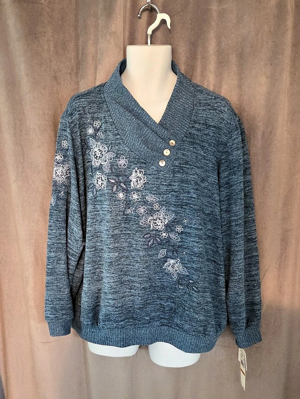 alfred dunner Simply Cozy Floral V-Neck Sweater Blue Size 3X NWT